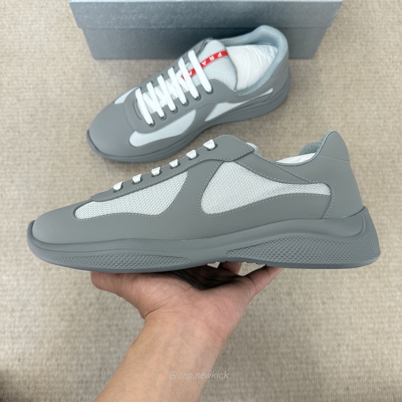 Prada Logo Lacing Low Cut Sneakers In Gray Steel Sneakers (3) - www.newkick.vip